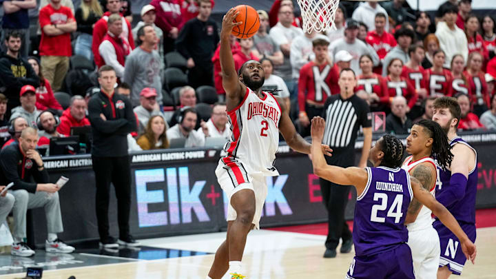 Ohio State Buckeyes guard Bruce Thornton (2) goes in for a layup against the Northwestern Wildcats in the second half at Value City Arena on Thursday, Feb. 20, 2025 in Columbus, Ohio.
