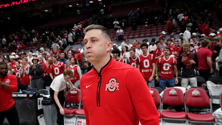 Ohio State Buckeyes head coach Jake Diebler reacts following the second overtime of the NCAA men's basketball game against the Nebraska Cornhuskers at Value City Arena in Columbus on March 4, 2025. Ohio State won 116-114.