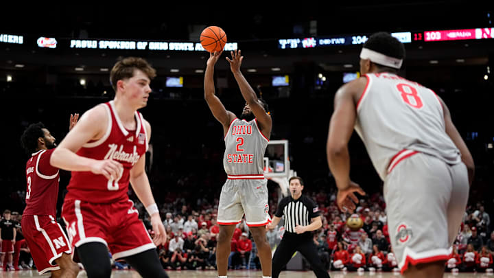 Ohio State Buckeyes guard Bruce Thornton (2) hits a three pointer during the second overtime of the NCAA men's basketball game against the Nebraska Cornhuskers at Value City Arena in Columbus on March 4, 2025. Ohio State won 116-114.