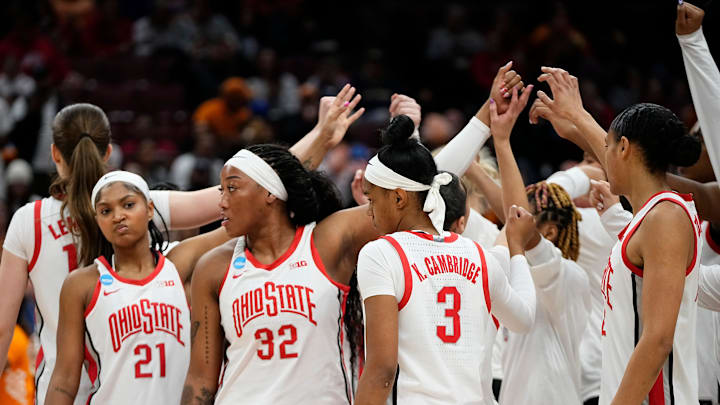 The Ohio State Buckeyes huddle during the second round of the women's NCAA Tournament against the Tennessee Lady Vols at Value City Arena in Columbus on March 23, 2025.