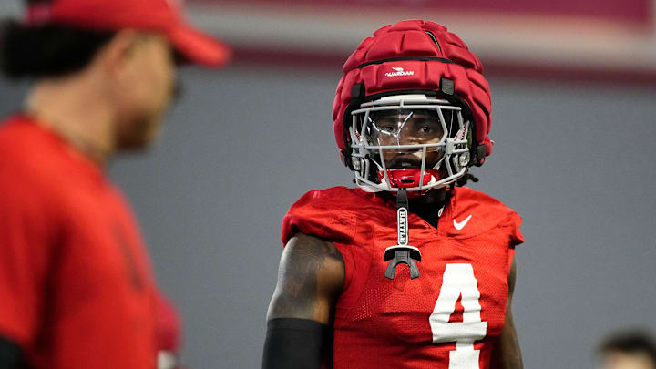 Ohio State Buckeyes wide receiver Jeremiah Smith (4) works out during spring football practice at the Woody Hayes Athletic Center on March 17, 2025.