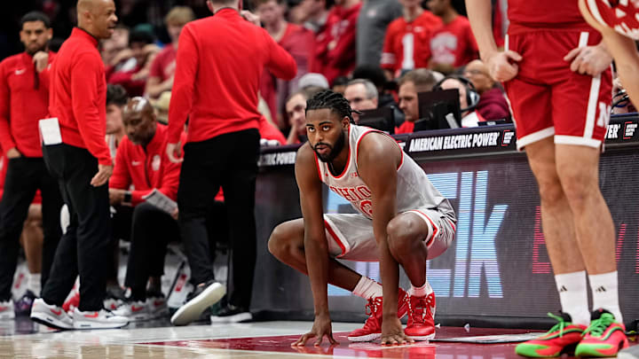 Ohio State Buckeyes guard Evan Mahaffey (12) prepares to check into the game the NCAA men's basketball game against the Nebraska Cornhuskers at Value City Arena in Columbus on March 4, 2025.