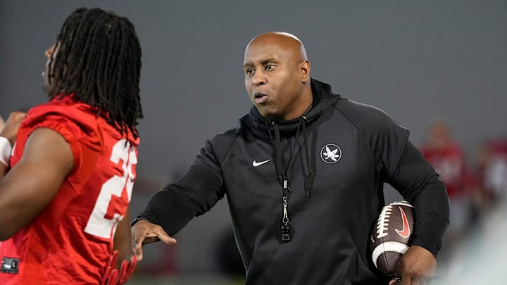 Ohio State Buckeyes running backs coach Carlos Locklyn talks to running back Bo Jackson during spring football practice at the Woody Hayes Athletic Center on March 17, 2025.
