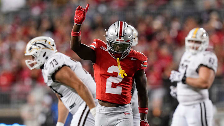 Ohio State safety Caleb Downs celebrates a play against Western Michigan.