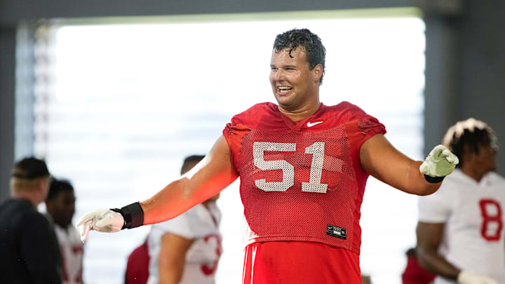 Ohio State Buckeyes offensive lineman Luke Montgomery (51) warms up during spring football practice at the Woody Hayes Athletic Center on March 17, 2025.