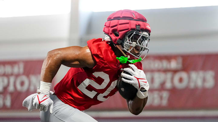 Ohio State Buckeyes running back James Peoples (20) runs during spring football practice at the Woody Hayes Athletic Center in Columbus on March 19, 2025.