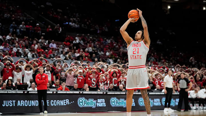 Ohio State Buckeyes forward Devin Royal (21) shoots technical free throws during the second half of the NCAA men's basketball game against the Nebraska Cornhuskers at Value City Arena in Columbus on March 4, 2025. Ohio State won 116-114.