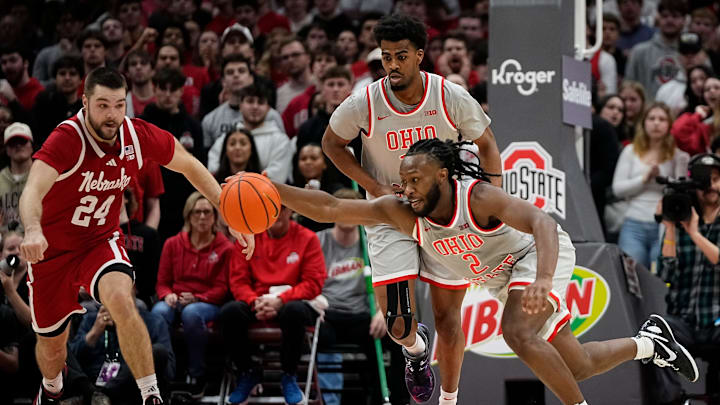 Ohio State Buckeyes guard Bruce Thornton (2) streals a ball in front of Nebraska Cornhuskers guard Rollie Worster (24) during the second half of the NCAA men's basketball game at Value City Arena in Columbus on March 4, 2025. Ohio State won 116-114.