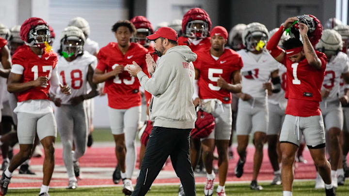 Ohio State Buckeyes head coach Ryan Day gathers his team during spring football practice at the Woody Hayes Athletic Center in Columbus on March 19, 2025.