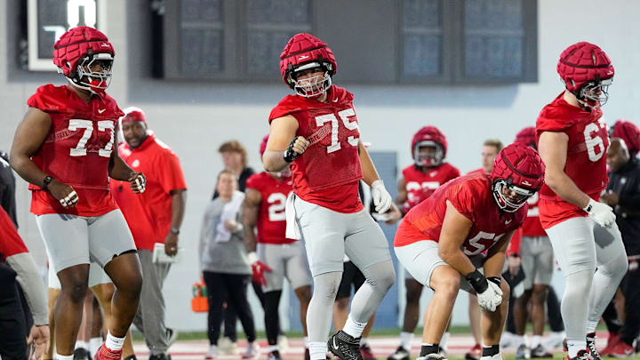 Ohio State Buckeyes offensive lineman Carson Hinzman (75) calls out a play during spring football practice at the Woody Hayes Athletic Center on March 17, 2025.
