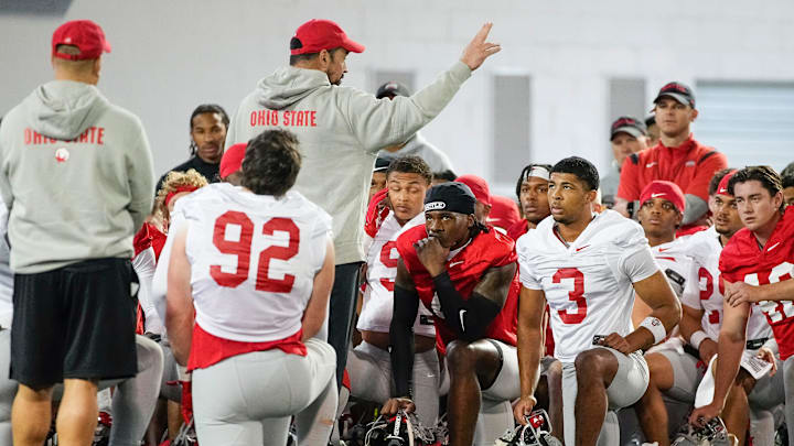 Ohio State Buckeyes head coach Ryan Day addresses players during spring football practice at the Woody Hayes Athletic Center in Columbus on March 19, 2025.