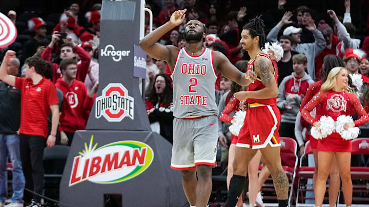 Ohio State Buckeyes guard Bruce Thornton (2) celebrates after defeating Maryland Terrapins 73-70 at Value City Arena on Thursday, Feb. 6, 2025 in Columbus, Ohio.