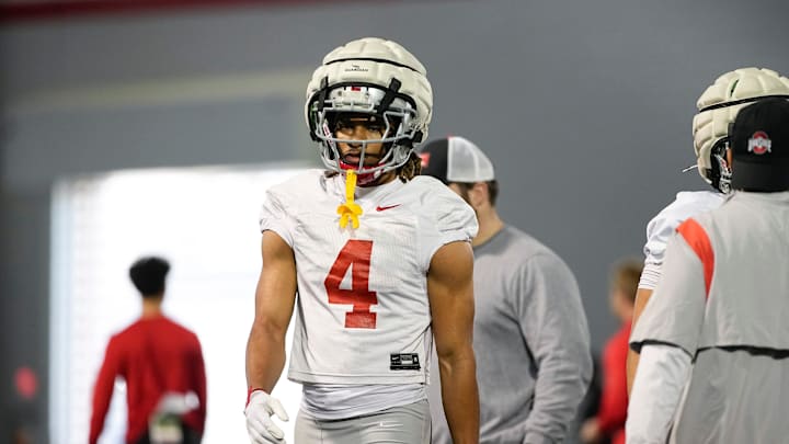 Ohio State Buckeyes cornerback Devin Sanchez (4) lines up during spring football practice at the Woody Hayes Athletic Center in Columbus on March 17, 2025.