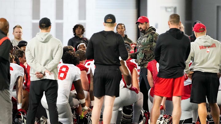 Ohio State Buckeyes head coach Ryan Day talks to his team during spring football practice at the Woody Hayes Athletic Center on March 17, 2025.