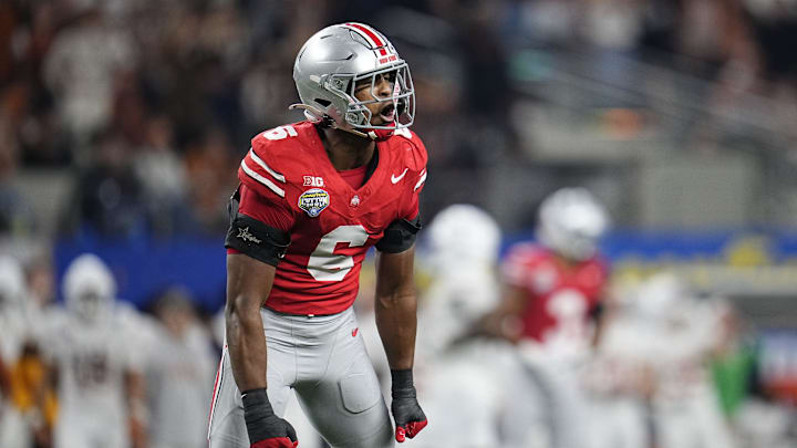 Ohio State Buckeyes safety Sonny Styles (6) celebrates a defensive stop during the first half of the Cotton Bowl Classic College Football Playoff semifinal game against the Texas Longhorns at AT&T Stadium in Arlington, Texas on Jan. 10, 2025.