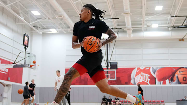 Ohio State Buckeyes forward Devin Royal dribbles during offseason practice at the Schottenstein Center on June 18, 2025.