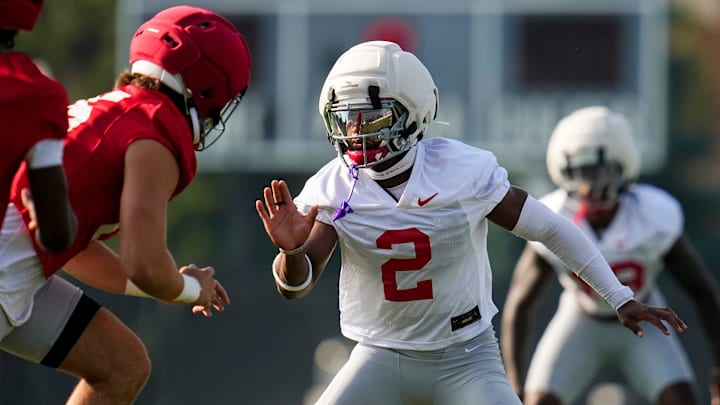 Ohio State Buckeyes safety Caleb Downs (2) lines up across from tight end Bennett Christian (85) during football training camp at the Woody Hayes Athletic Center on Aug. 1, 2025.
