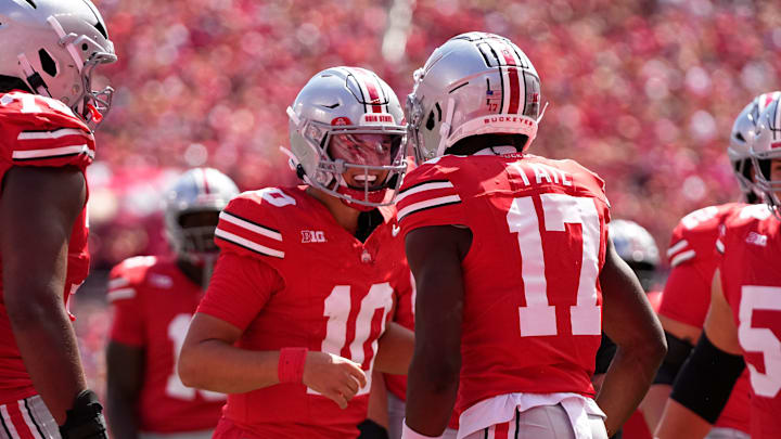 Ohio State Buckeyes wide receiver Carnell Tate (17) celebrates a touchdown catch with quarterback Julian Sayin (10) during the second half of the NCAA football game against the Texas Longhorns at Ohio Stadium on Aug. 30, 2025. Ohio State won 14-7.