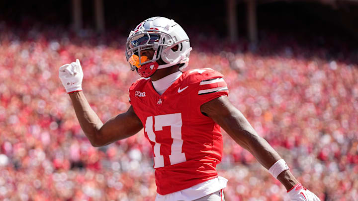 Ohio State Buckeyes wide receiver Carnell Tate (17) celebrates a touchdown catch during the second half of the NCAA football game at Ohio Stadium on Aug. 30, 2025. Ohio State won 14-7.