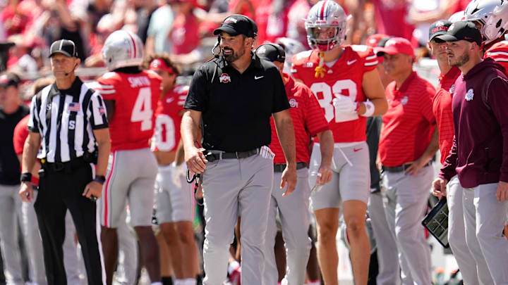 Ohio State Buckeyes head coach Ryan Day watches from the sideline during the NCAA football game against the Texas Longhorns at Ohio Stadium on Aug. 30, 2025.