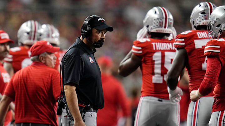 Ohio State Buckeyes head coach Ryan Day watches during the second half of the NCAA football game against the Ohio Bobcats at Ohio Stadium on Sept. 13, 2025. Ohio State won 37-9.
