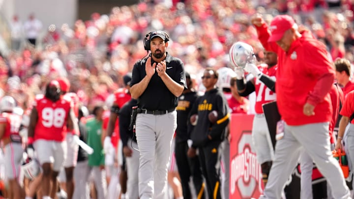 Ohio State Buckeyes head coach Ryan Day watches during the first half of the NCAA football game against the Grambling State Tigers at Ohio Stadium on Sept. 6, 2025.