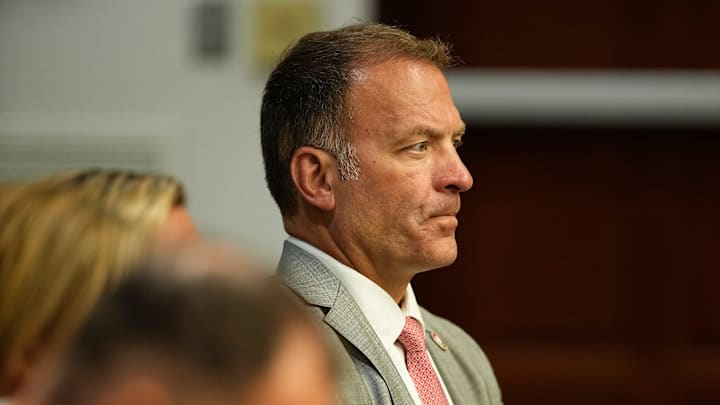 Athletic director Ross Bjork attends the Ohio State University Board of Trustees meeting at the Longaberger Alumni House on Aug. 20, 2025.
