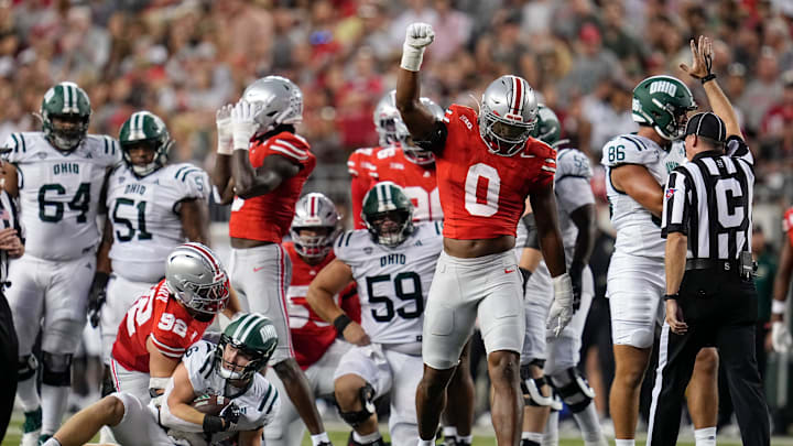 Ohio State Buckeyes linebacker Sonny Styles (0) reacts to a tackle during the first half of the NCAA football game against the Ohio Bobcats at Ohio Stadium on Sept. 13, 2025.