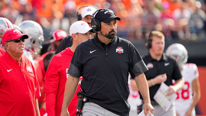 Ohio State Buckeyes head coach Ryan Day watches during the second half of the NCAA football game against the Illinois Fighting Illini at Gies Memorial Stadium in Champaign on Oct. 11, 2025. Ohio State won 34-16.