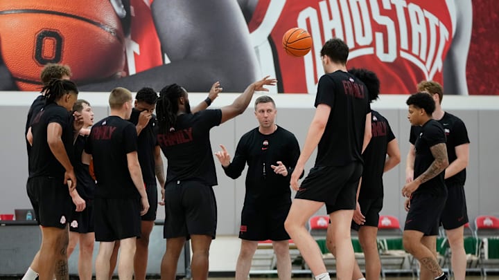 Ohio State Buckeyes head coach Jake Diebler talks to his team during offseason practice at the Schottenstein Center on June 18, 2025.