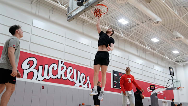 Ohio State Buckeyes forward Brandon Noel dunks during offseason practice at the Schottenstein Center on June 18, 2025. Ohio State Buckeyes forward Brandon Noel dunks during offseason practice at the Schottenstein Center on June 18, 2025.