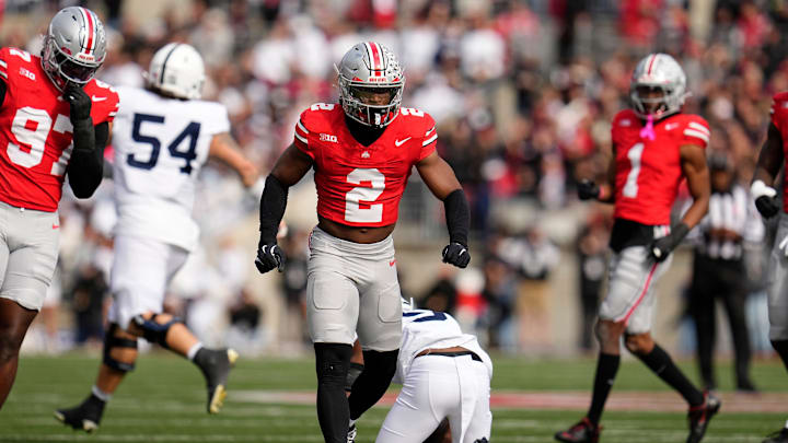 Ohio State Buckeyes defensive back Caleb Downs (2) celebrates during the NCAA football game against the Penn State Nittany Lions at Ohio Stadium in Columbus on Nov. 1, 2025.