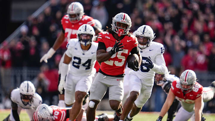 Ohio State Buckeyes running back Bo Jackson (25) runs during the NCAA football game against the Penn State Nittany Lions at Ohio Stadium in Columbus on Nov. 1, 2025. Ohio State Buckeyes running back Bo Jackson (25) runs during the NCAA football game against the Penn State Nittany Lions at Ohio Stadium in Columbus on Nov. 1, 2025.