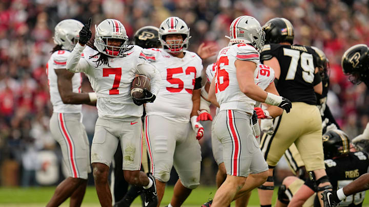Ohio State Buckeyes cornerback Jermaine Mathews Jr. (7) celebrates an interception during the NCAA football game against the Purdue Boilermakers at Ross-Ade Stadium in West Lafayette, Ind. on Nov. 8, 2025. Ohio State won 34-10. Ohio State Buckeyes cornerback Jermaine Mathews Jr. (7) celebrates an interception during the NCAA football game against the Purdue Boilermakers at Ross-Ade Stadium in West Lafayette, Ind. on Nov. 8, 2025. Ohio State won 34-10.