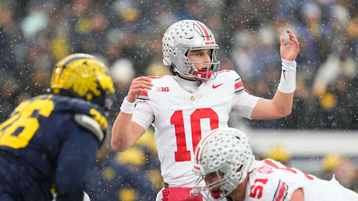 Ohio State Buckeyes quarterback Julian Sayin (10) lines up during the NCAA football game against the Michigan Wolverines at Michigan Stadium in Ann Arbor, Mich. on Nov. 29, 2025. Ohio State won 27-9.