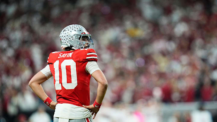 Ohio State Buckeyes quarterback Julian Sayin (10) reacts during the Big Ten Conference championship game against the Indiana Hoosiers at Lucas Oil Stadium in Indianapolis on Dec. 6, 2025. Ohio State lost 13-10.