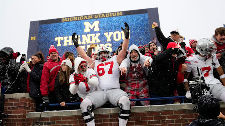 Ohio State Buckeyes offensive lineman Austin Siereveld (67) celebrates following the NCAA football game against the Michigan Wolverines at Michigan Stadium in Ann Arbor, Mich. on Nov. 29, 2025. Ohio State won 27-9.