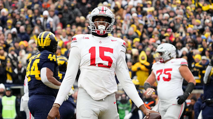 Ohio State Buckeyes tight end Jelani Thurman (15) reacts during the NCAA football game against the Michigan Wolverines at Michigan Stadium in Ann Arbor, Mich. on Nov. 29, 2025. Ohio State won 27-9.