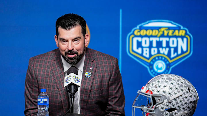 Ohio State Buckeyes head coach Ryan Day talks to media during a Cotton Bowl press conference at AT&T Stadium in Arlington, Texas prior to their College Football Playoff quarterfinal matchup on Dec. 30, 2025.
