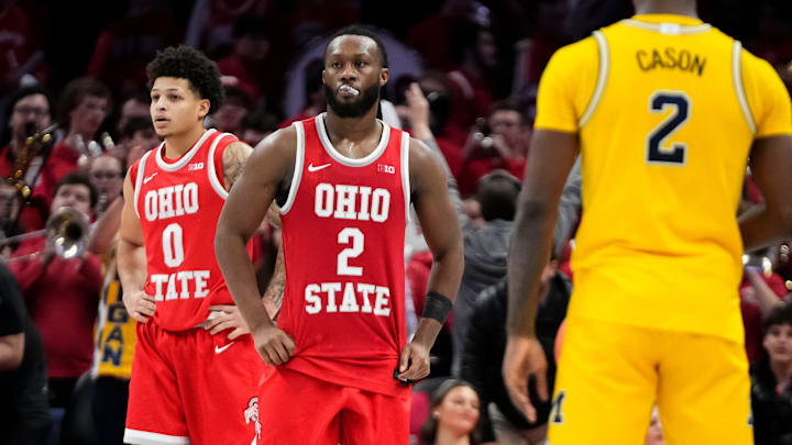 Ohio State Buckeyes guard John Mobley Jr. (0) and guard Bruce Thornton (2) react in the final seconds of the second half of the NCAA men's basketball game against the Michigan Wolverines at the Schottenstein Center in Columbus on Feb. 8, 2026. Ohio State lost 82-61. Ohio State Buckeyes guard John Mobley Jr. (0) and guard Bruce Thornton (2) react in the final seconds of the second half of the NCAA men's basketball game against the Michigan Wolverines at the Schottenstein Center in Columbus on Feb. 8, 2026. Ohio State lost 82-61.