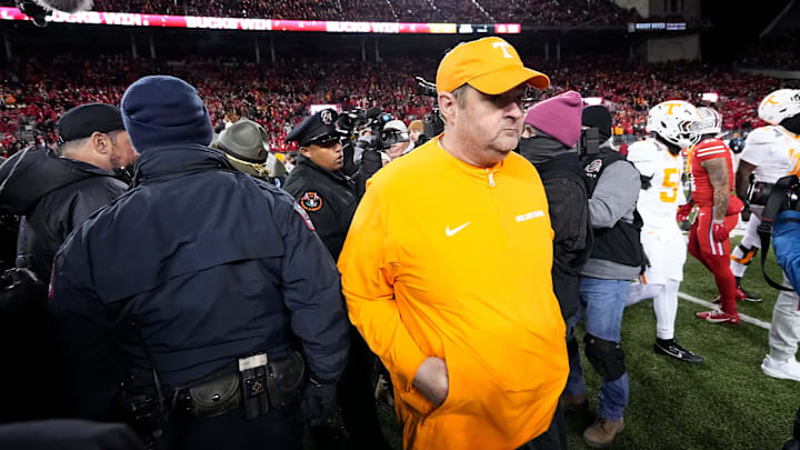 Tennessee Volunteers head coach Josh Heupel leaves the field following the College Football Playoff first round game against the Ohio State Buckeyes at Ohio Stadium in Columbus on Dec. 22, 2024. Ohio State won 42-17. Tennessee Volunteers head coach Josh Heupel leaves the field following the College Football Playoff first round game against the Ohio State Buckeyes at Ohio Stadium in Columbus on Dec. 22, 2024. Ohio State won 42-17.