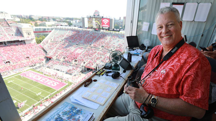 WBNS 97.1 The Fan play-by-play announcer Paul Keels prepares for the Ohio State football game against Tulsa on Saturday, September 18, 2021 . He is part of the Ohio State Learfield Network.

Paul Keels