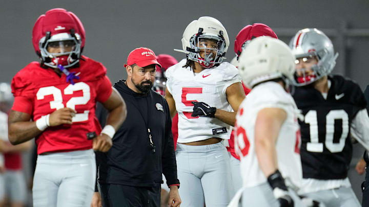 Ohio State Buckeyes head coach Ryan Day leads the first day of spring workouts for the 2026 football season at Woody Hayes Athletic Complex in Columbus on March 10, 2026. Ohio State Buckeyes head coach Ryan Day leads the first day of spring workouts for the 2026 football season at Woody Hayes Athletic Complex in Columbus on March 10, 2026.