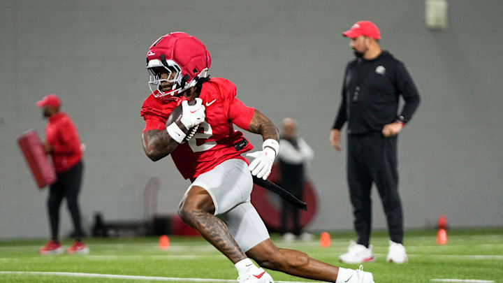 Ohio State Buckeyes running back Legend Bey (2) runs during the first day of spring workouts for the 2026 football season at Woody Hayes Athletic Complex in Columbus on March 10, 2026.