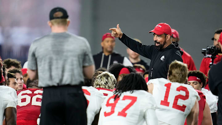 Ohio State Buckeyes head coach Ryan Day addresses his team during the first day of spring workouts for the 2026 football season at Woody Hayes Athletic Complex in Columbus on March 10, 2026. Ohio State Buckeyes head coach Ryan Day addresses his team during the first day of spring workouts for the 2026 football season at Woody Hayes Athletic Complex in Columbus on March 10, 2026.