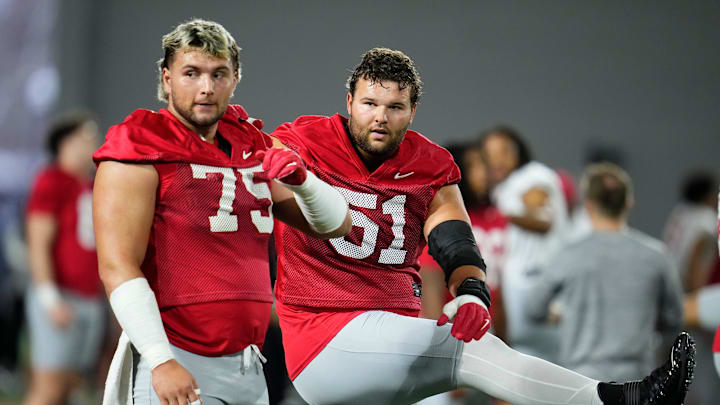 Ohio State Buckeyes offensive linemen Carson Hinzman (75) and Luke Montgomery (51) stretch during the first day of spring workouts for the 2026 football season at Woody Hayes Athletic Complex in Columbus on March 10, 2026.