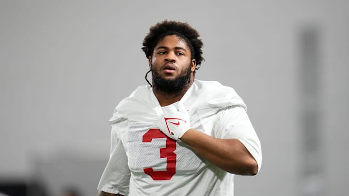 Ohio State Buckeyes defensive tackle James Smith (3) warms up during the first day of spring workouts for the 2026 football season at Woody Hayes Athletic Complex in Columbus on March 10, 2026. Ohio State Buckeyes defensive tackle James Smith (3) warms up during the first day of spring workouts for the 2026 football season at Woody Hayes Athletic Complex in Columbus on March 10, 2026.
