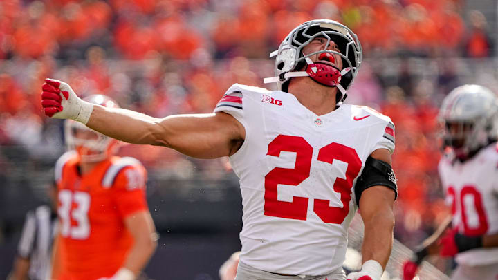 Ohio State Buckeyes linebacker Garrett Stover (23) reacts to a tackle on a kickoff during the second half of the NCAA football game against the Illinois Fighting Illini at Gies Memorial Stadium in Champaign on Oct. 11, 2025. Ohio State won 34-16.