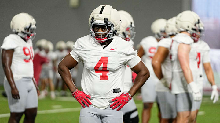 Ohio State Buckeyes defensive end Qua Russaw (4) practices during the first day of spring workouts for the 2026 football season at Woody Hayes Athletic Complex in Columbus on March 10, 2026.