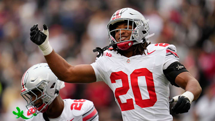 Ohio State Buckeyes linebacker Riley Pettijohn (20) celebrates after a kickoff during the NCAA football game against the Purdue Boilermakers at Ross-Ade Stadium in West Lafayette, Ind. on Nov. 8, 2025.